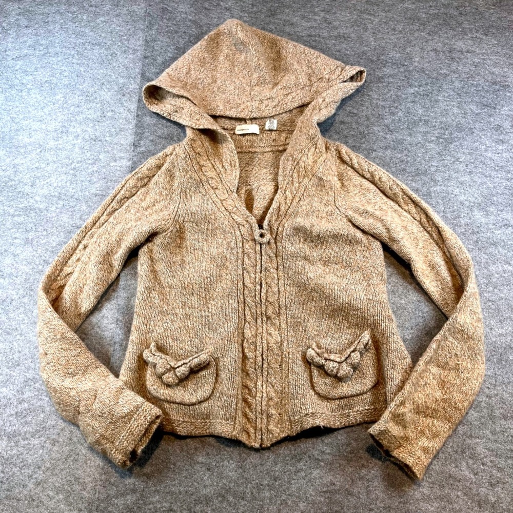 Sleeping on Snow Womens Hooded Cable Knit Cardigan Tan Cottagecore S Zip Sweater